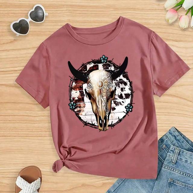 SHEIN Young Girls Fashionable & Comfortable Casual Bull Head Printed Short Sleeve T-Shirt