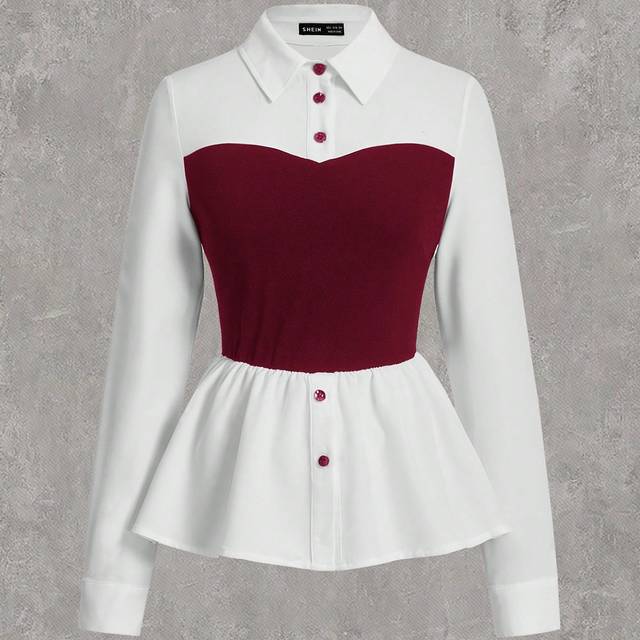 SHEIN Wine Red Woven 2 In 1 Slim Fit Blouse For Women,Long Sleeve Tops