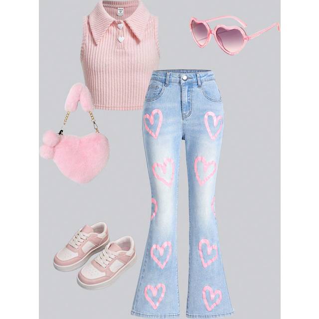 SHEIN Tween Girl Y2K Style Elastic Flared Heart Print Jeans, Casual Back To School Outfit
