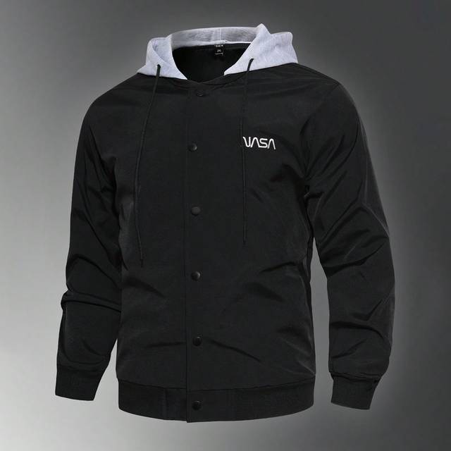 Manfinity Plus Size Men&#39;s Letter Print Color Block Single Breasted Hooded Casual Jacket