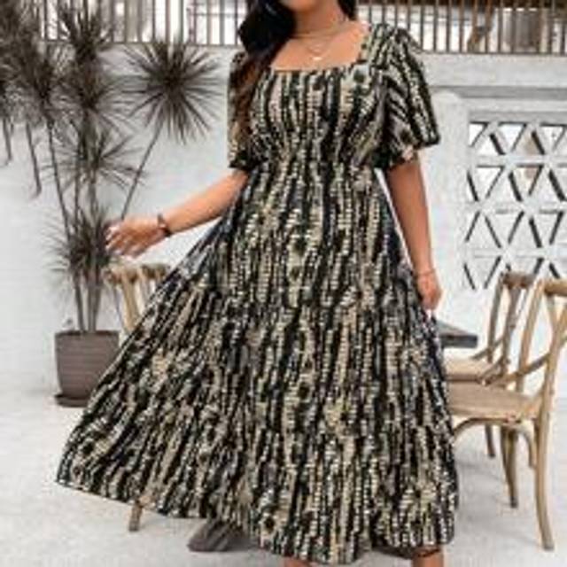 Summer Vacation Style Plus Size Kvinnor Boho Elegant midiklänning med fyrkantig halsringning, korta fladdrande ärmar och överallt tryck, volangfåll Kv - Svart (0XL,1XL,2XL,3XL,4XL)