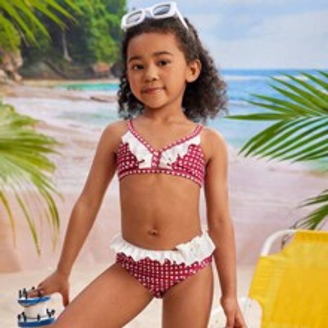 Ung flicka Gingham Print Fashionabla bikini set med volang fåll och separerade badbyxor, söta tryckta badkläder för barn Summer Beach - Röd (6Y,7Y,4Y,5Y)