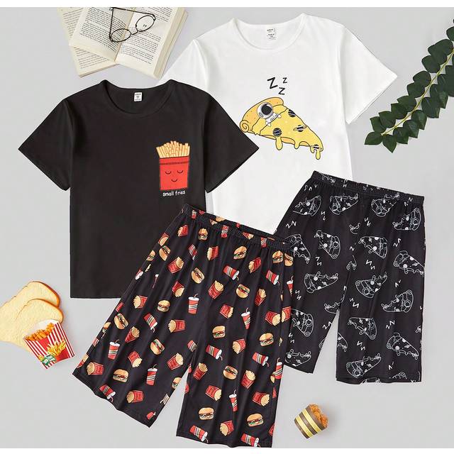 SHEIN Teen Boy White Simple Hamburger, French Fries, Cola Print T-Shirt And Mid-Length Shorts Set, Homewear