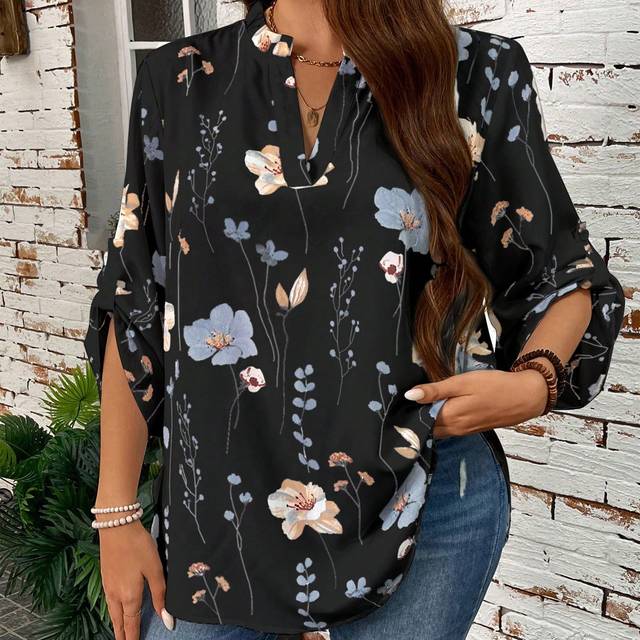 EMERY ROSE Plus Size Women Floral Print Long Sleeve Casual Blouse For Summer