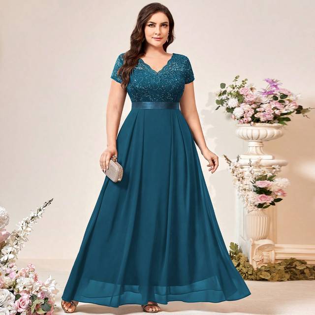 SHEIN Plus Sequin Lace Bodice Scallop Trim V-Neck Chiffon Evening Party Dress Elegant Formal Prom Wedding Guest Gown, For Graduation, Dinner, Homecoming