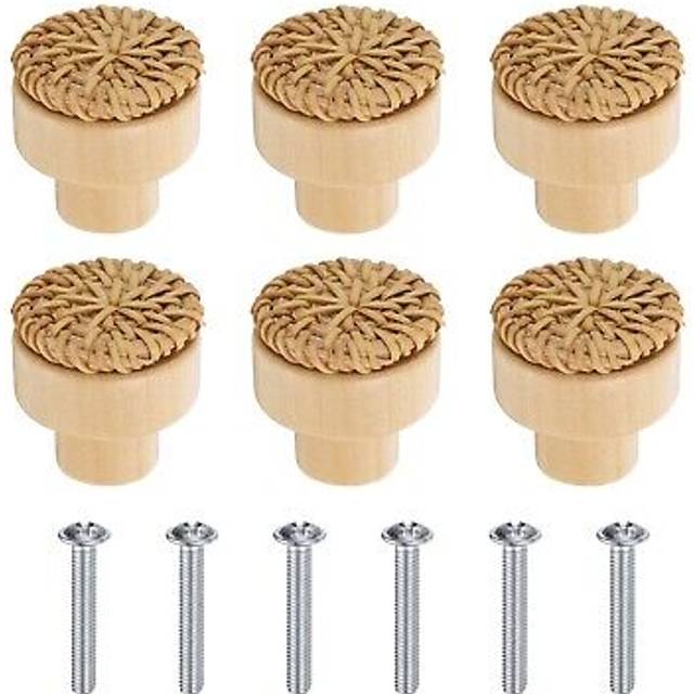 6pcs rattan knobs round wooden dressers knob with screws wood color