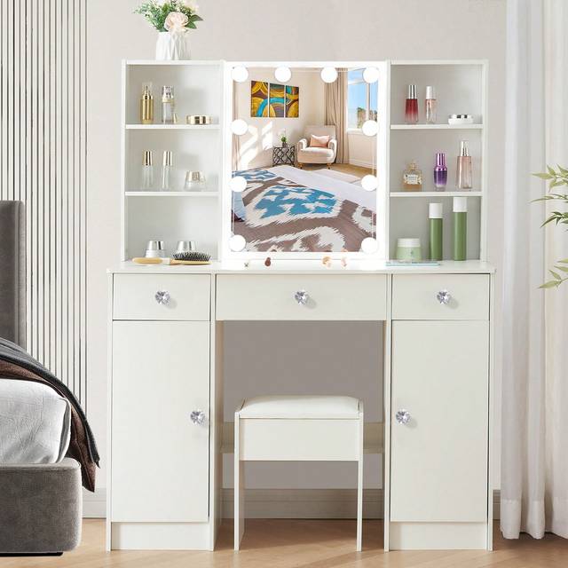 SHEIN Vanity Set With Led Lights Mirror Makeup Desk Dressing Dresser Table Cabinets