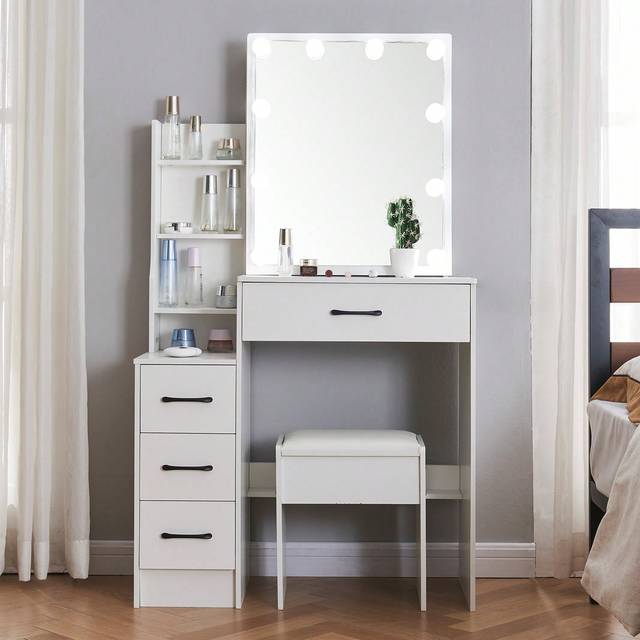 SHEIN Modern White Dressing Table Stool Set And LED Light Mirror Vanity Make Up Desk