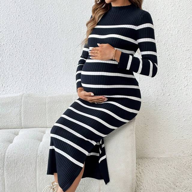 SHEIN Maternity Colorblock Striped Side Slit Fitted Long Sleeve Sweater Dress, Sweater Dress, Spring/Fall, For Winter