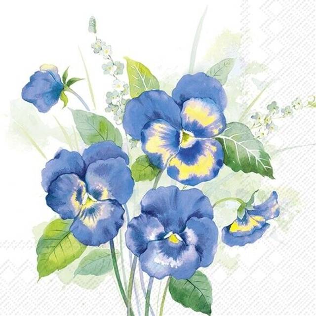 4 x lunch napkins/33cm/3ply/decoupage/spring flowers/pansy/bouquet in blues