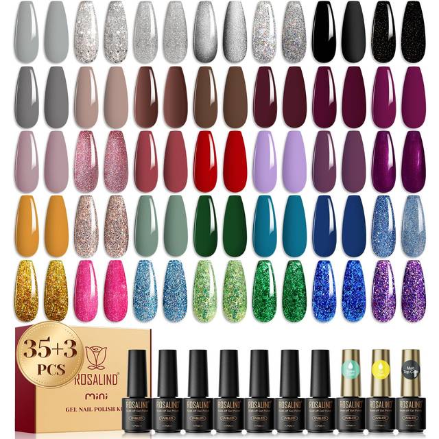ROSALIND 38PCS Lot Glitter Soak Off UV Nail Polish Gel Polish Semi Permanent Gel Nail Polish Base Top Coat