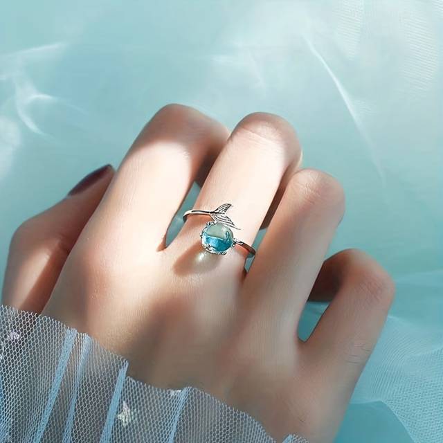SHEIN Simple Sapphire Crystal Cubic Zirconia Lucky Mermaid Tail Women Fashion Jewelry Accessories Copper Engagement Wedding Rings Adjustable Size