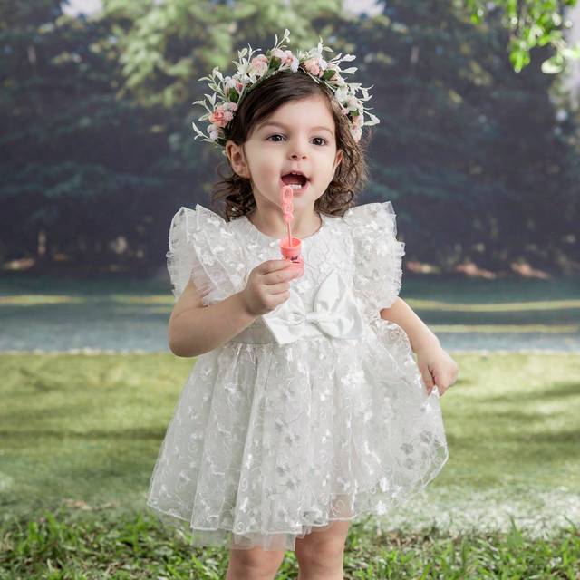 SHEIN Infant Girls Ruffled Bowknot Floral Embroidery Sheer Mesh Flare Dress Summer