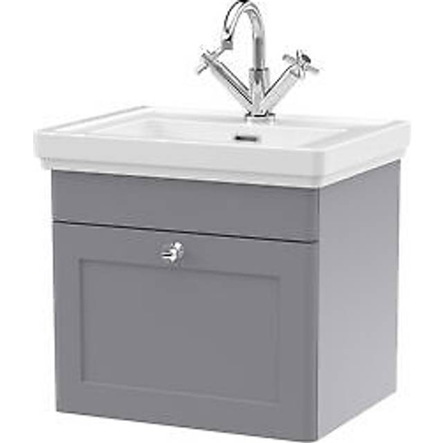 Traditional Wall Hung 1 Drawer Vanity Unit with 1 Tap Hole Fireclay Basin, 500mm - Satin Grey