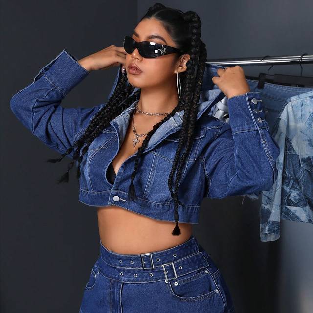 SHEIN Plus Size Casual Hooded Cropped Denim Jacket, Spring & Summer