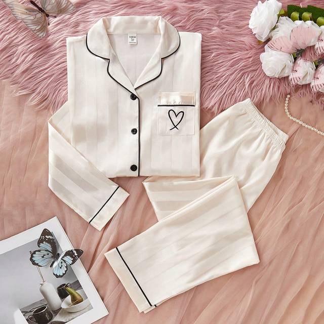 SHEIN TEEN GIRL PAJAMAS Champagne Satin Heart Embroidered Pajamas 2-Piece Set