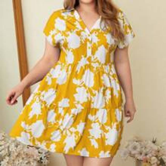 Plus Size Boho Dam Loose Fit Blommigt tryck Knapp Fram Halv knappslå med volang Midiklänning för sommar - Gul (0XL,1XL,2XL,3XL,4XL,5XL)