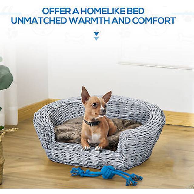 Pawhut Elevated Dog Cat Couch Pet Basket Sofa Bed Wicker Willow Rattan W/cushion