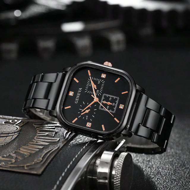 SHEIN 1pc Men&#39;s Square Dial Fashion Business Stainless Steel Strap Quartz Watch, Casual Sport Wristwatch With Rhinestone Markers - Perfect For Daily Decor O