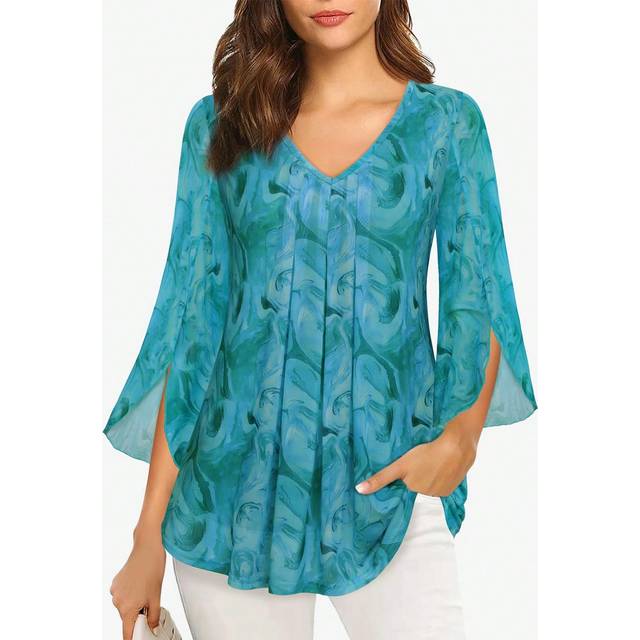 CheersLife Women&#39;s Casual 3/4 Sleeve Tunic Tops Floral Double Layers Blouses Loose  Pleated Mesh Shirts