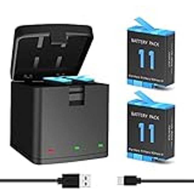 NATNO Batteri för Hero 12 11 10 9, 2-pack 1 800 mAh batteri och 3 kanals laddare för Gopro Hero 12/Hero 11/Hero 10/Hero 9 Black/Mini/Creator Edition, CHDHX-901-XX
