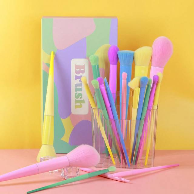 SHEIN 17Pc Colorful Makeup Brush, Macaroon Color Series Eyeshadow Brush, Powder Brush, Nose Shadow Brush, Colorful Brush Makeup Tool