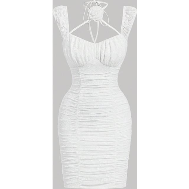 SHEIN Summer White Bodycon Dress With 3D Flower Ribbon, Lace And Pleats