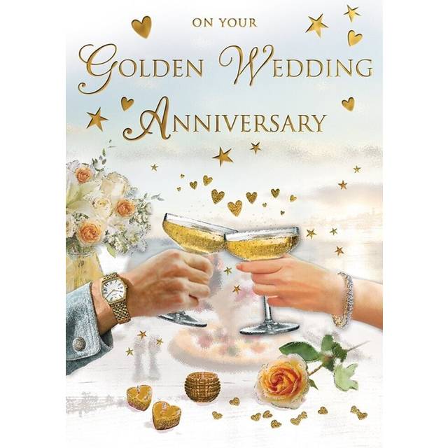 Wedding Anniversary Card - Golden 50th - Champagne - Glitter - Regal