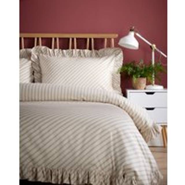 Cotton Stripe Print Frill Bedding Set - Beige - Single,Double,King,Super King