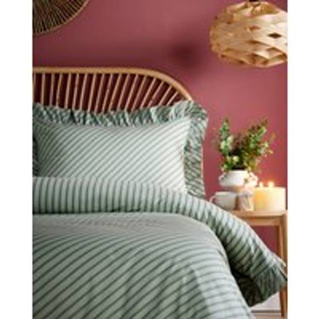 Cotton Stripe Print Frill Bedding Set - Sage - Single,Double,King,Super King