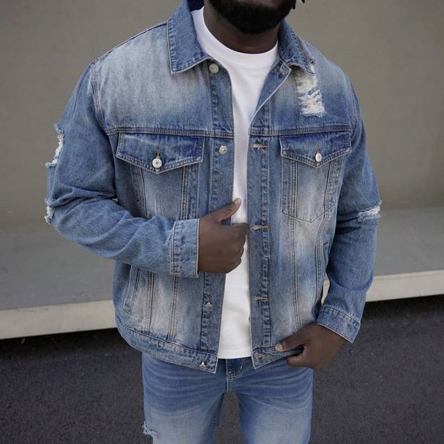 Manfinity Men&#39;s Plus Size Washed Ripped Denim Jacket