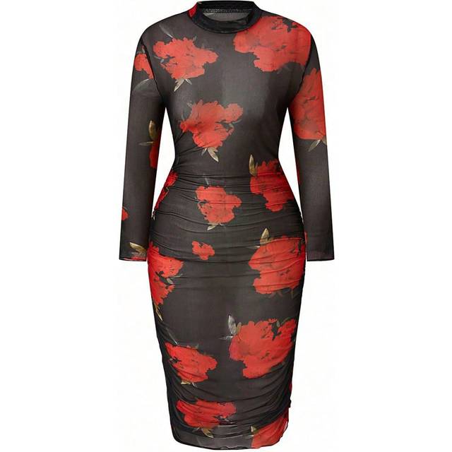 Seasty Plus Size Women&#39;s Floral Print Stand Collar Dress For New Year
