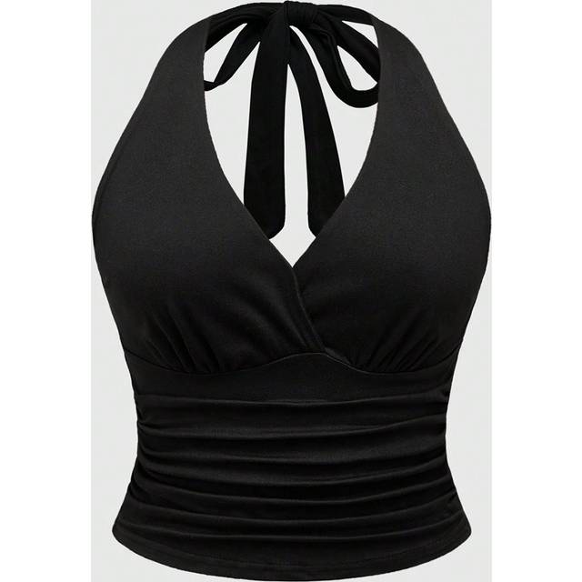 ROMWE Plus Size Halter Tie Waist Ruched Fitted Chic Glamour Tank Top