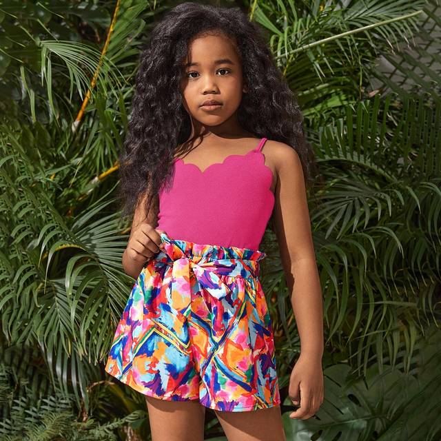SHEIN Tween Girl Vacation & Casual Spring/Summer Knitted Spliced Woven Floral Printed Strap Romper