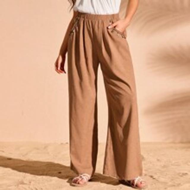 Bohemisk Strand Stil Byxor med Vida Ben Med Vävd Kant Lapptäcke - Brun (L,M,S,XS)