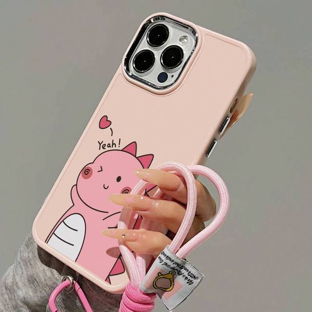 SHEIN Apple With Phone Charm Pink 1pc Dinosaur Couple Pattern Metallic Camera Lens & Plating Buttons Frosted Phone Case + 1pc Nylon Lanyard Compatible With