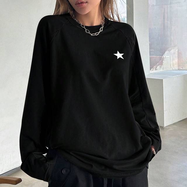 DAZY Spring Star Print Casual Loose Raglan Sleeve T-Shirt Y2k