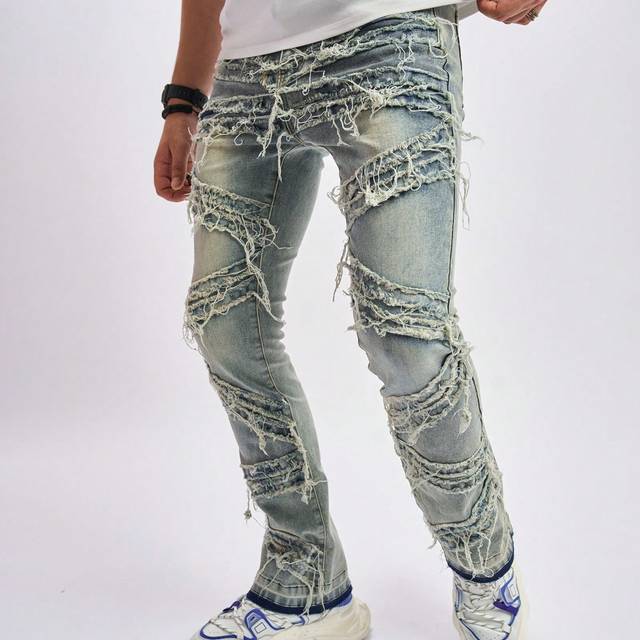 Manfinity Men Ripped Frayed Raw Hem Jean Straight Leg Long Distressed Jeans Cargo Plain Light Blue Going Out Rock And Roll Friends