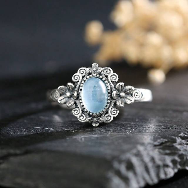 SHEIN 100% Natural Stone Aquamarine Sunstone Ring S925 Sterling Silver Vintage Women&#39;s Ring Party Birthday Gift Fashion Jewelry Accessories