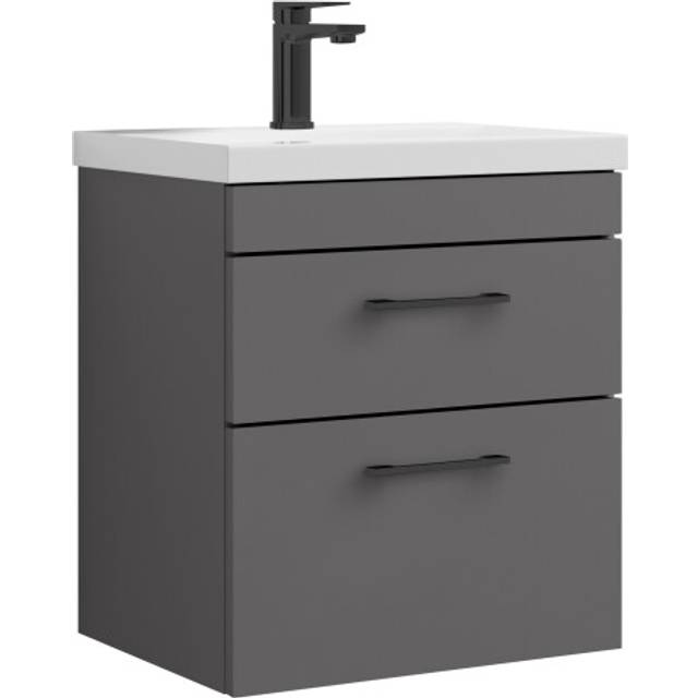 Rio 2 Drawer Wall Hung Vanity Basin Unit - 500mm - Gloss Grey with Square Black D Handles (Tap Not Included) - Balterley