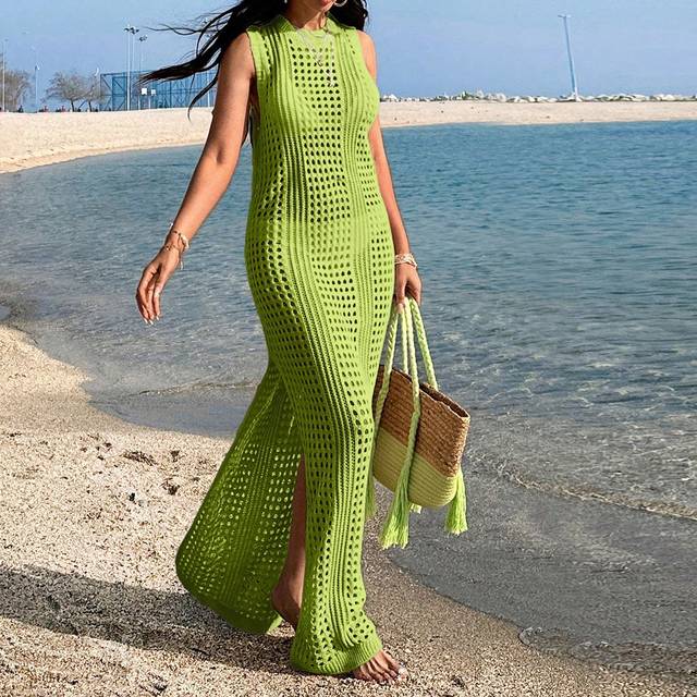 RueChic Women Crochet Knit Sleeveless Maxi Cover-Up Dress, For Summer Beach Vacation