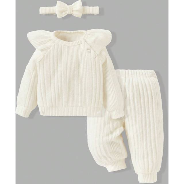 SHEIN Newborn Baby Girl Solid Color Ruffle Trimmed Raglan Sleeve Sleeve Top And Pants With Headband, 3pcs/Set, Thin Fabric