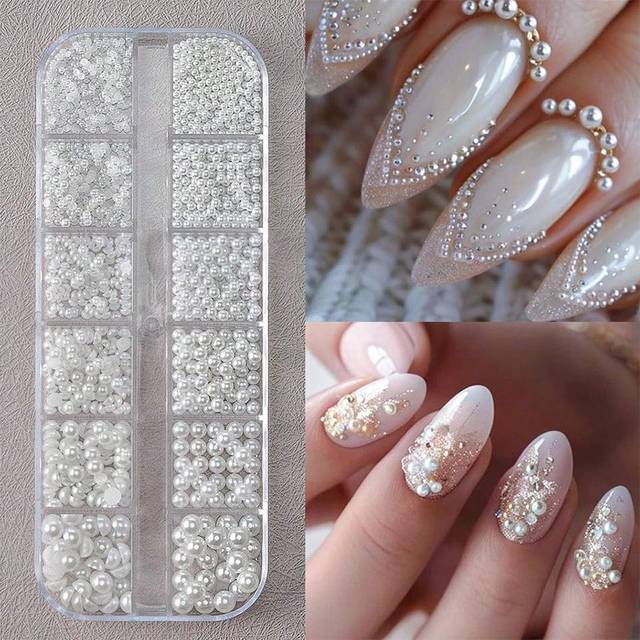 SHEIN 12 Grid Round White Pearl Nail Beads Nail Art Jewelry Caviar Beads Nail Art Jewelry Half Round Pearl Gem DIY Nail Art Decoration