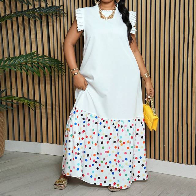 Slaydiva PLUS Size Holiday& Elegance& Casual Loose White Colorblock & Polka Dot Print Sleeveless Dress With Ruffle Neckline And Hem, Spring/Summer