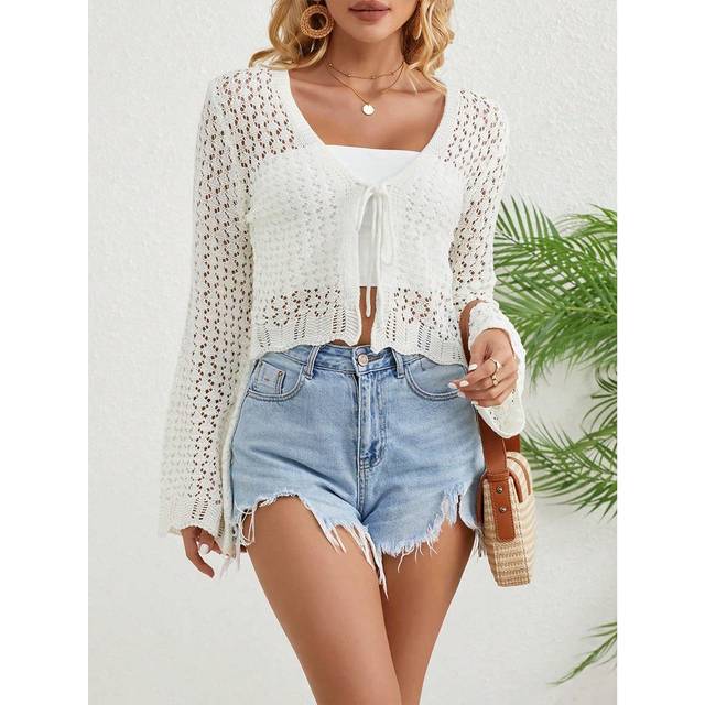 SHEIN Women&#39;s Front Tie Scalloped Hem Bell Sleeve Cardigan
