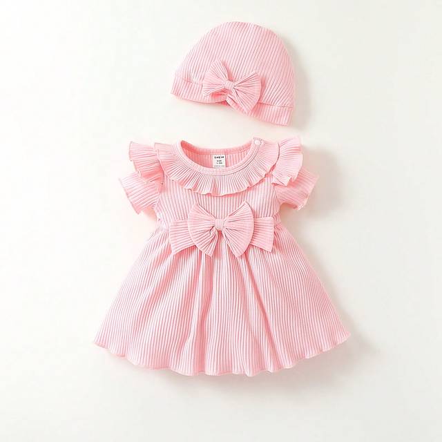 SHEIN Baby Girl Summer Sweet Solid Color Dress With Ruffle Trim And Front Bowknot