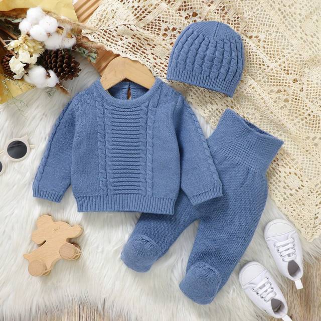 SHEIN Unisex Newborn Baby Blue Solid Color Fashionable Casual Comfortable Soft Korean Simple All-Match Long Sleeve Sweater With Footed Pants Set, 2pcs. Suit