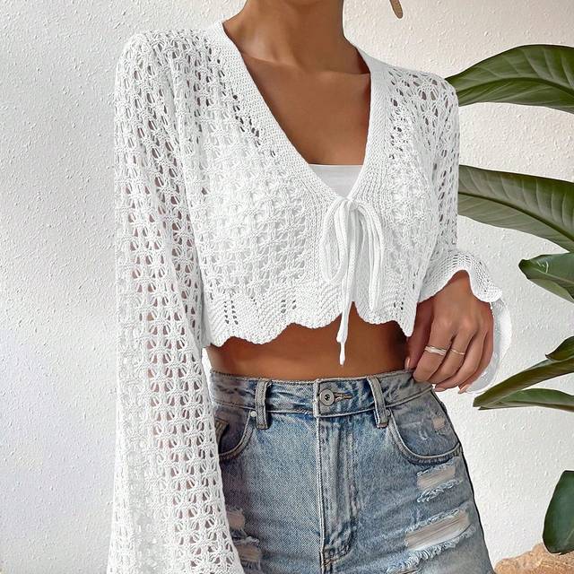 Breezaya Solid Color Knitted Hollow Out Lace-Up Bell Sleeve Cardigan Fall Winter Cloth For Women