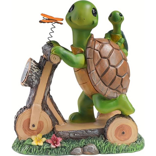 (Turtle Riding A Bike) Cute Resin Turtle Biker Solar Light for Nighttime Garden Decoration with Small Butterfly Accent