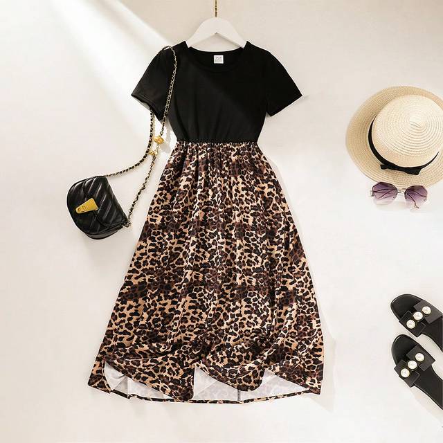 SHEIN Young Girl Elegant Summer Dress, Comfortable And Breathable, Sleeveless, Round Neck, Leopard Print Long Dress With Waistband, Suitable For Outdoor Par